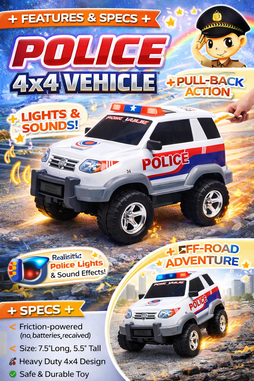 Police 4x4 Toy Car for Kids (3+ Years) – Pull Back Action SUV with Lights & Sound, Friction Powered Off-Road Vehicle Toy