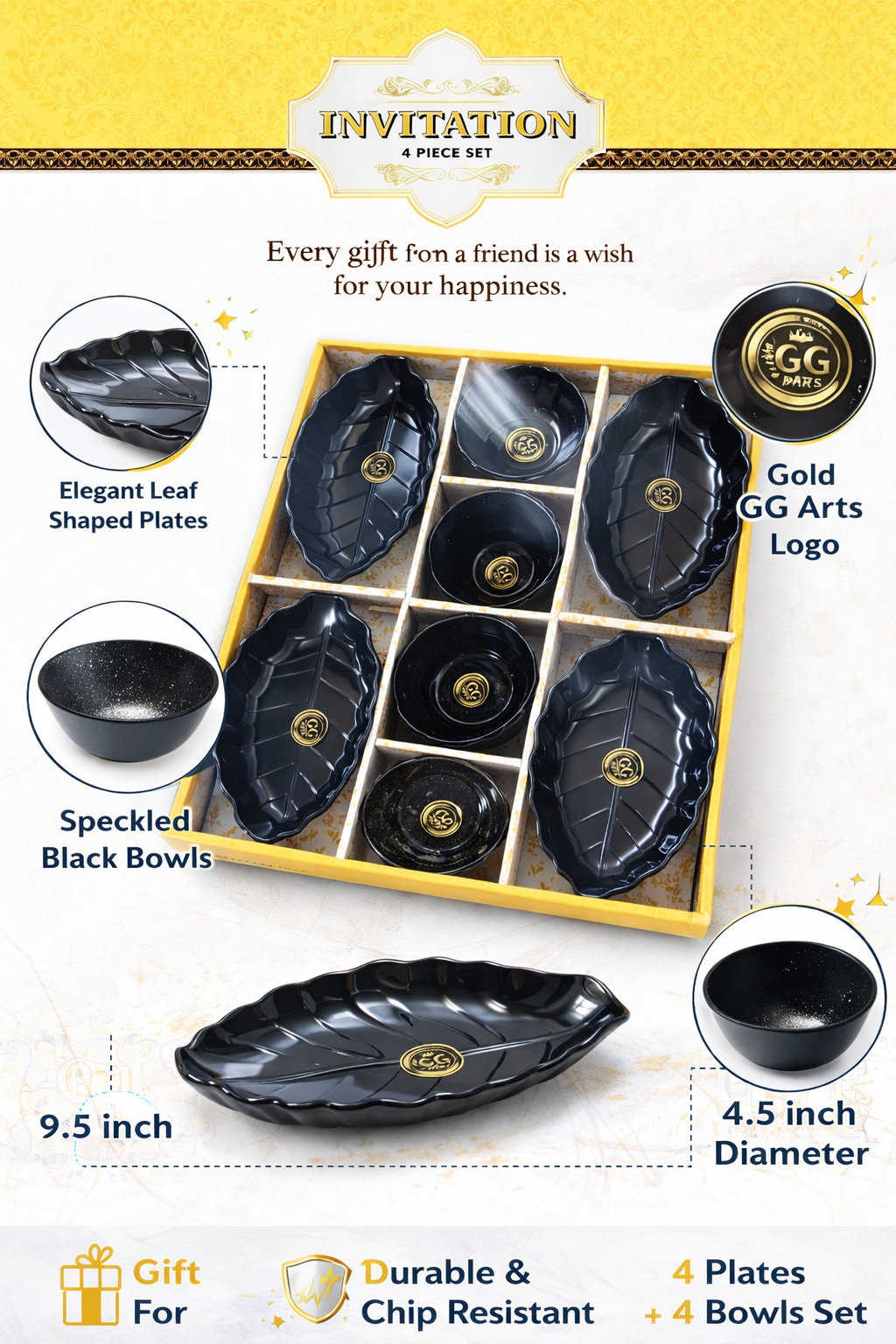 Premium Black Serving Set (8 Pieces) – 4 Leaf Shaped Plates (9.5 Inch) + 4 Bowls (4.5 Inch) | Designer Snack & Dessert Serving Set | Gift Set for Home, Parties & Festivals