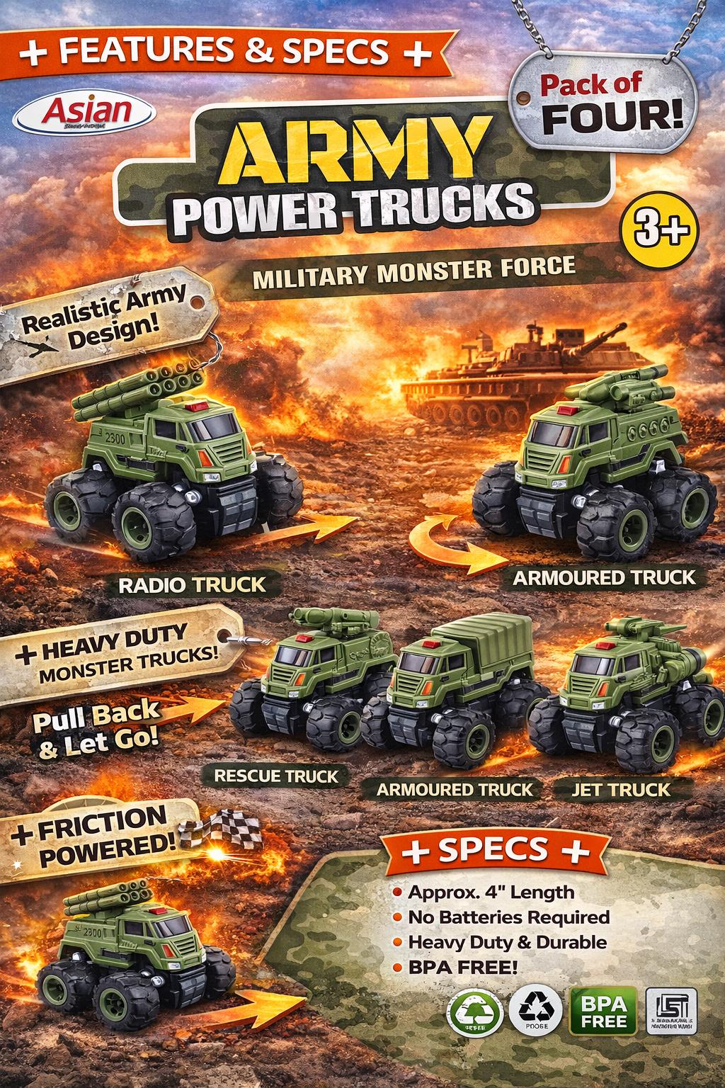 Army Power Trucks Toy Set for Kids (Pack of 4) – Military Monster Trucks with Pull Back Action, Friction Powered, Heavy Duty Vehicles for Boys & Girls Age 3+