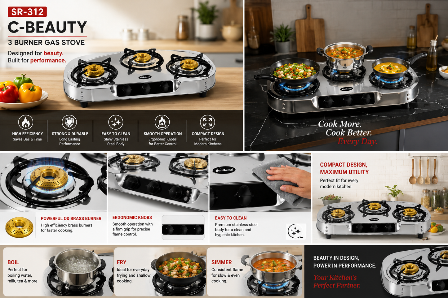 Sitaram SR-311 Diamond 3 Burner Gas Stove | Stainless Steel Body | Brass Burners | Heavy Duty Pan Support | Manual Ignition LPG Gas Stove | Silver