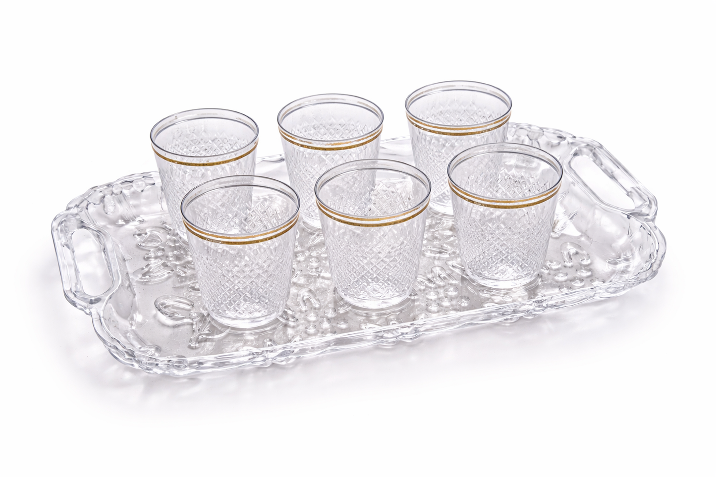 Clear Plastic Glass Set with Serving Tray (6 Glasses) | Transparent Premium Drinkware Set with Gold Rim | Lightweight, Durable & Reusable | Perfect for Juice, Water, Mocktails & Serving Guests