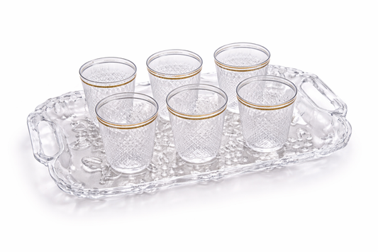 Clear Plastic Glass Set with Serving Tray (6 Glasses) | Transparent Premium Drinkware Set with Gold Rim | Lightweight, Durable & Reusable | Perfect for Juice, Water, Mocktails & Serving Guests