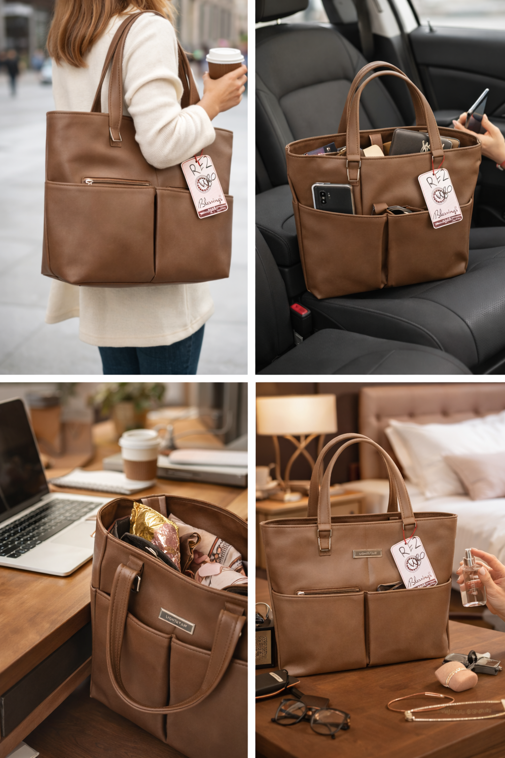 Brown Everyday Tote Bag for Women, Multi Pocket Shoulder Handbag with Front Zip Pocket