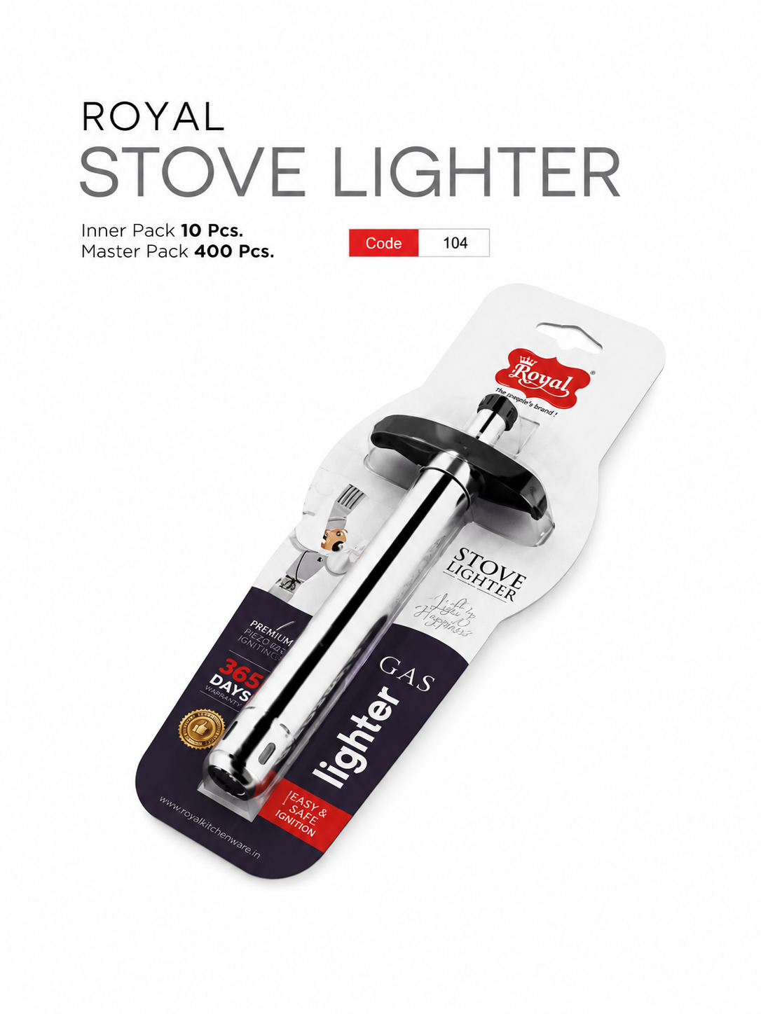 Royal Stove Lighter - Premium Gas Lighter for Kitchen with Jet Flame | Refillable Piezo Ignition Electronic Gas Stove Lighter for Kitchen, BBQ, Camping