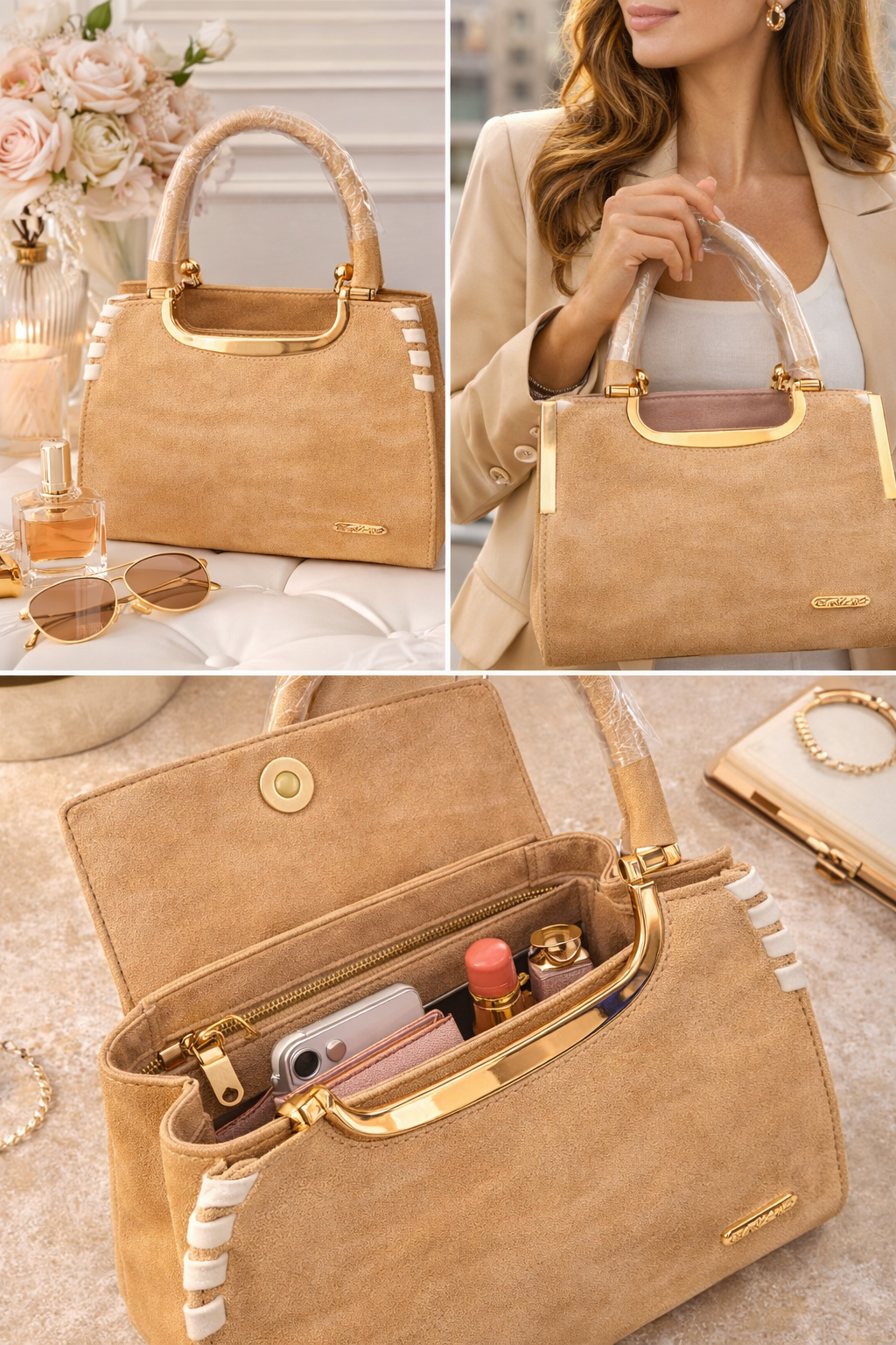 Women’s Suede-Like Handbag, Premium Soft Fabric Satchel with Gold-Tone Hardware, Elegant Tote Bag with Inner Zip Pocket for Office & Daily Use