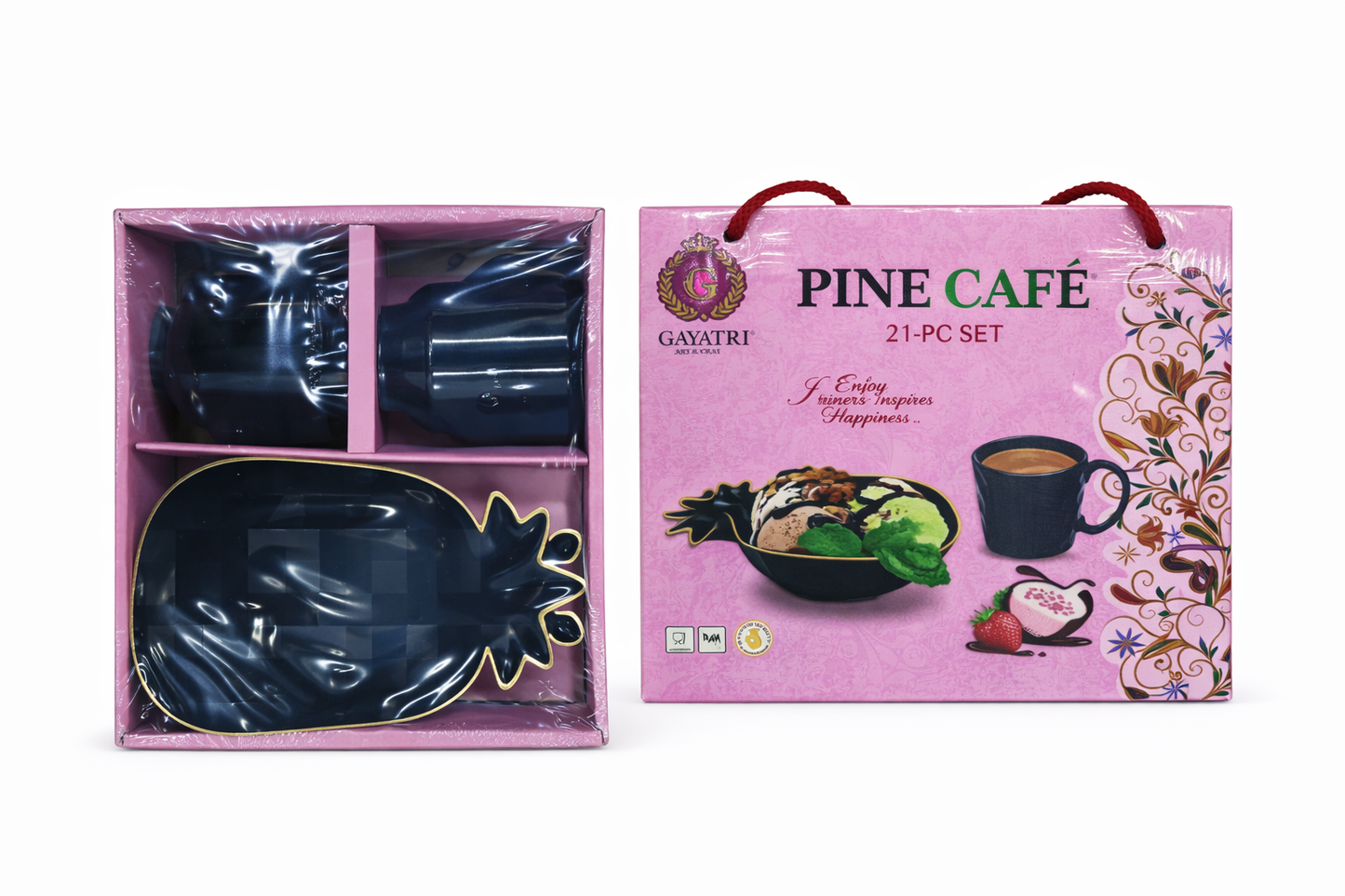 Pine Café 21-Piece Snack & Coffee Set with Pineapple Tray & 2 Cups | Premium Ceramic Serving Set