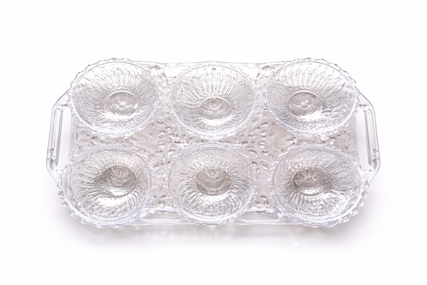 6 Bowl Serving Tray Set with Clear Plastic Bowls – BPA-Free Snack & Dip Serving Platter with Handles – Decorative Appetizer Tray for Parties, Dry Fruits, Snacks & Condiments