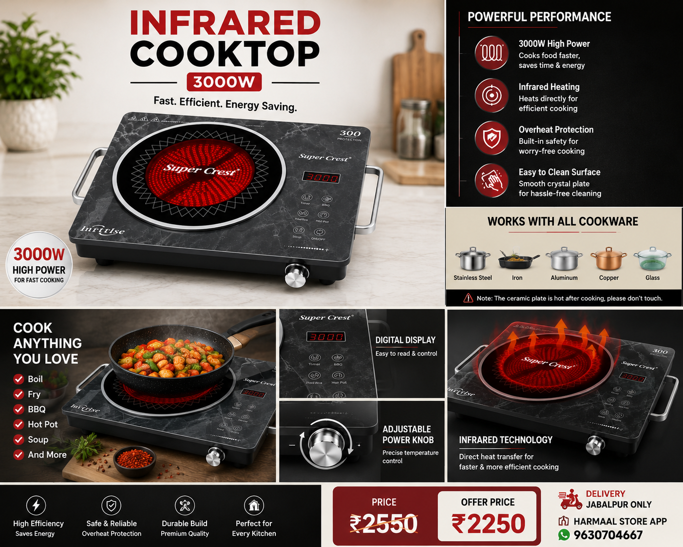 Super Crest 3000W Infrared Cooktop | Electric Infrared Cooker with Touch Control | Ceramic Glass Top | Overheat Protection | Energy Saving Cooktop | Black