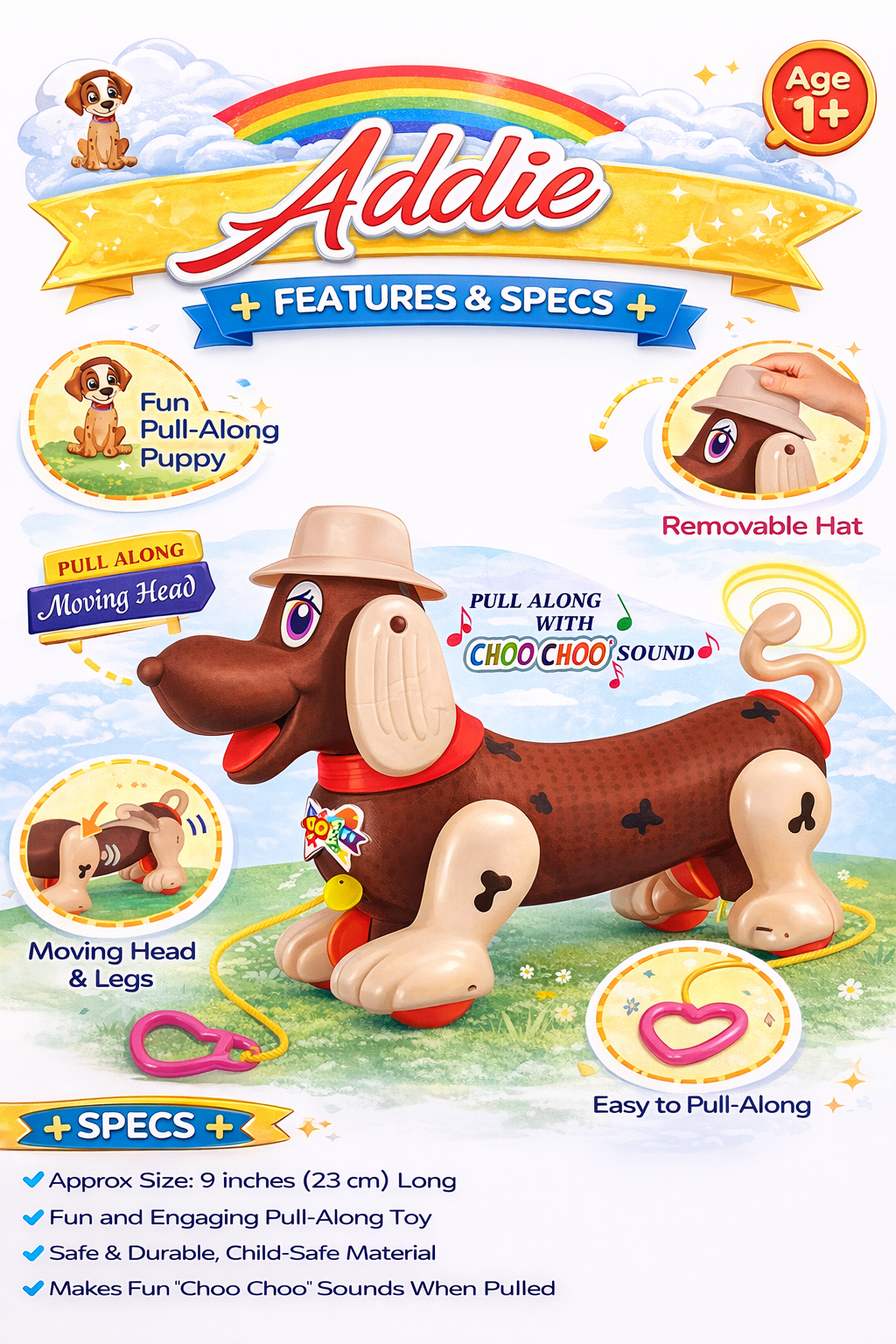 Addie Pull Along Puppy Toy for Kids (Age 1+) – Moving Head & Legs, Choo Choo Sound, Removable Hat, Safe & Durable Toddler Walking Toy