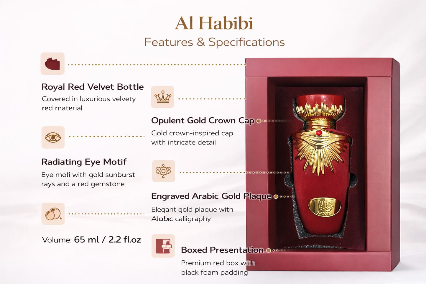Al Habibi Royal Red Velvet Perfume Bottle – Luxury Arabic Fragrance 65ml with Gold Crown Cap, Engraved Plaque & Premium Gift Box