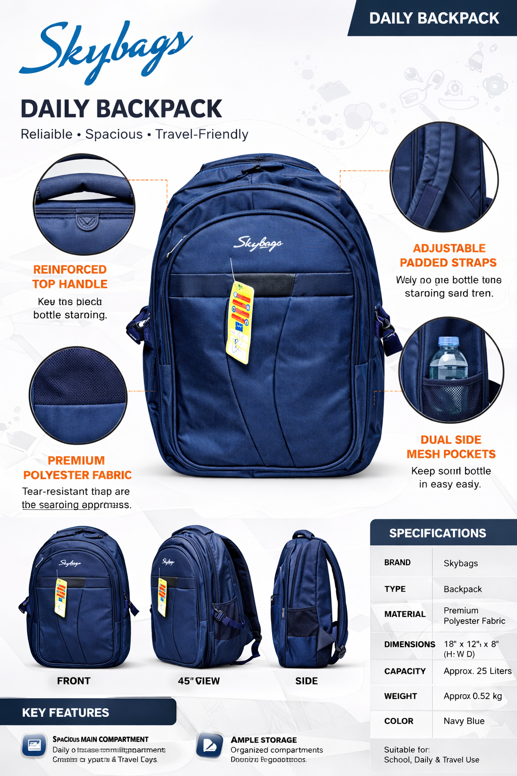 Skybags Daily Backpack, 25L School & Travel Backpack with Spacious Compartments, Premium Polyester Fabric, Adjustable Padded Straps, Bottle Pocket, Navy Blue