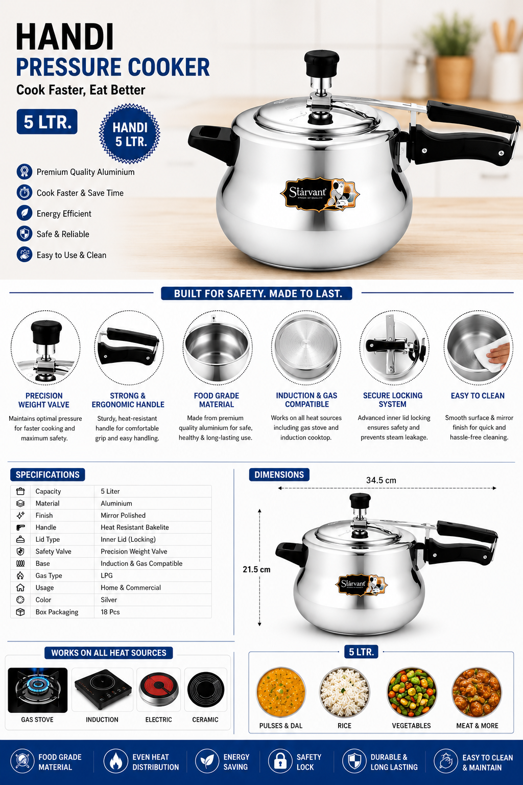Starvant Handi Pressure Cooker 5 Litre | Aluminium Inner Lid Pressure Cooker | Induction & Gas Compatible | Mirror Finish | Precision Weight Valve | Silver