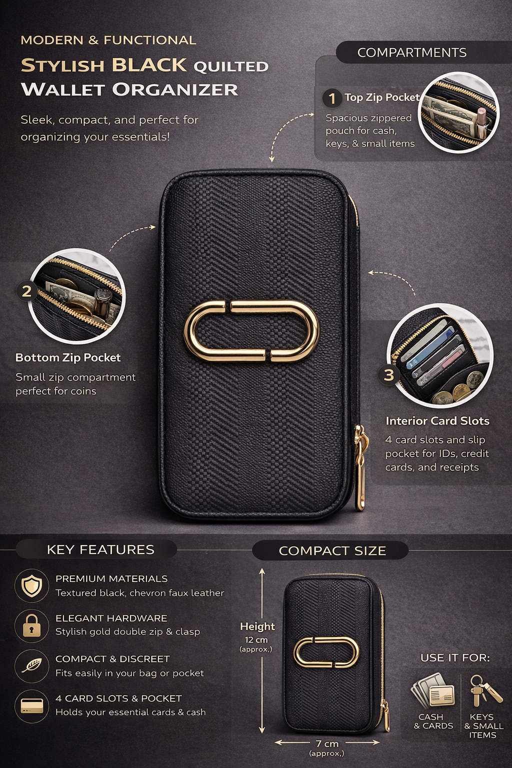 Black Wallet Organizer for Women, Compact Faux Leather Zip Wallet with Card Slots, Coin Pocket, Cash Compartment and Gold Tone Hardware