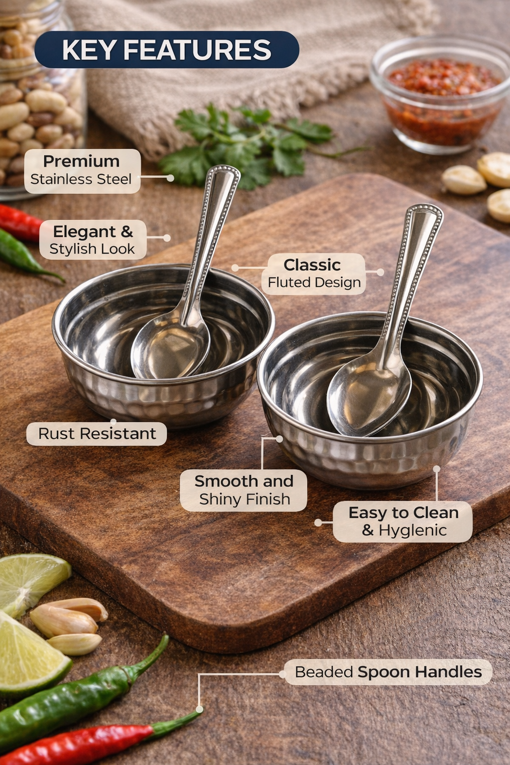 Stainless Steel Bowl with Spoon Set (2 Bowls + 2 Spoons) | Food Grade, Rust Resistant, Dishwasher Safe