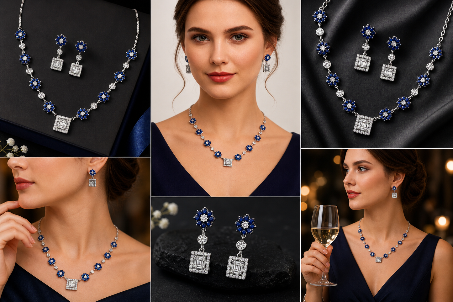 Sapphire Diamond Jewelry Set for Women, V Collar Necklace Earrings Set, Blue Stone Bridal Jewelry, Luxury Wedding Party Jewelry for Girls & Women