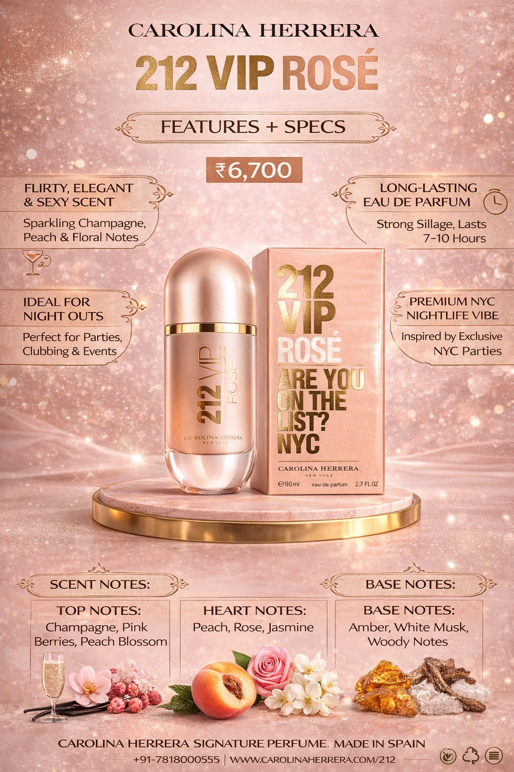 Carolina Herrera 212 VIP Rosé Eau De Parfum for Women | 80ml Long-Lasting Floral Fruity Perfume | Champagne & Peach Notes Luxury Fragrance