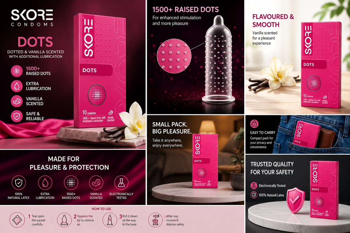SKORE Dots Condoms, 10 Count | 1500+ Raised Dots | Extra Lubricated | Vanilla Scented | Ultra Thin Natural Rubber Latex Condoms | 53 ± 2 mm Width