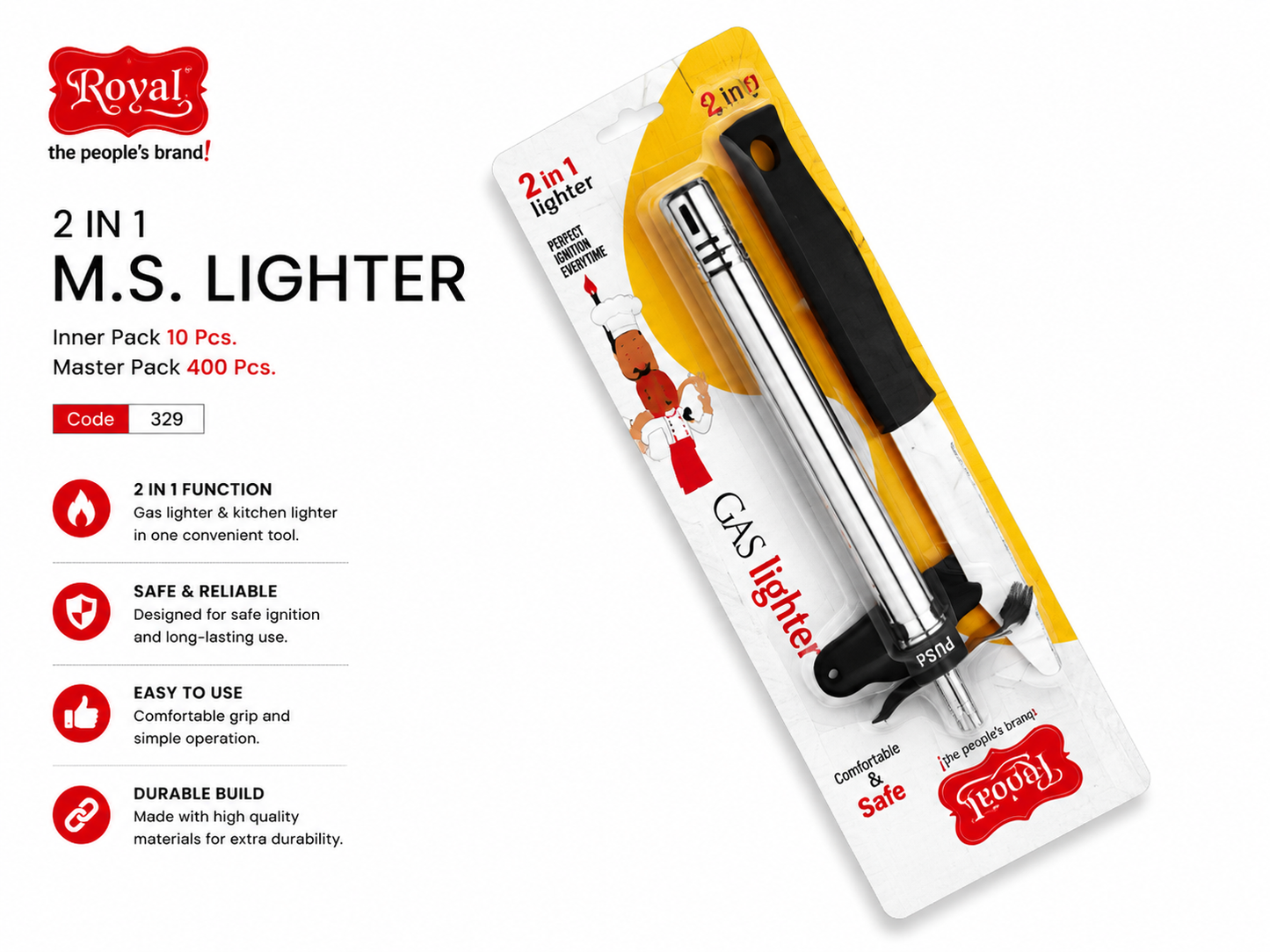 Royal 2 in 1 Gas Lighter for Kitchen, Stainless Steel Manual Gas Stove Lighter & Candle Lighter, Jet Flame Ignition, Long Handle Safety Lighter for Gas Stove, BBQ, Candle & Camping