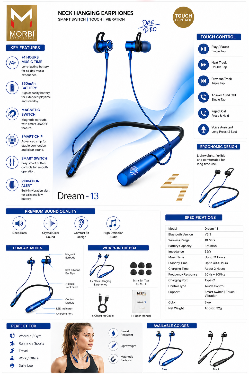 MORBI Dream-13 Neck Hanging Bluetooth Earphones with Mic, 74 Hours Music Playtime, 350mAh Battery, Touch Control, Magnetic Earbuds, Vibration Alert, Deep Bass, Type-C Charging, Wireless Neckband for Gym, Running, Travel & Office