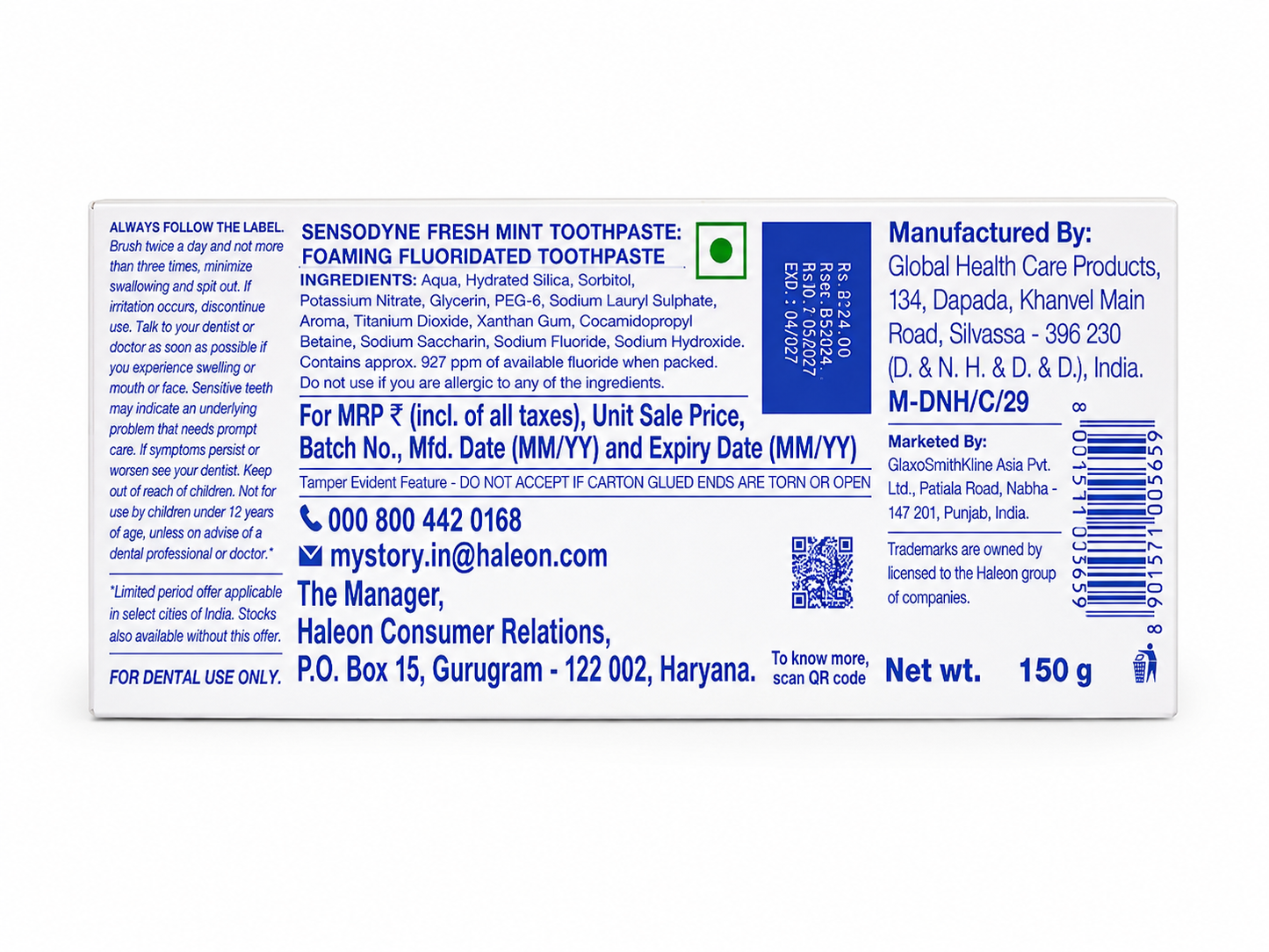 Sensodyne Fresh Mint Toothpaste 150g with Free Toothbrush | Daily Sensitivity Protection | Fresh Mint Flavour | Strong Teeth & Healthy Gums | Fluoride Toothpaste