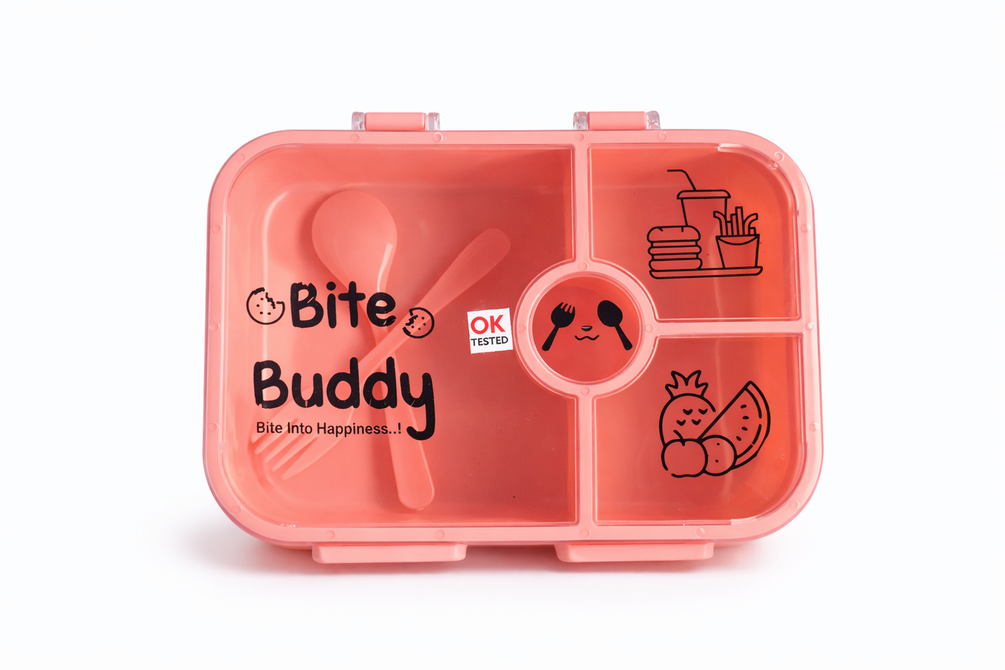 Bite Buddy Kids Lunch Box 900ml | Leakproof BPA-Free Tiffin Box with 3+1 Compartments & Spoon | Divided Lunch Box for School, Office & Travel | Cute & Durable Design