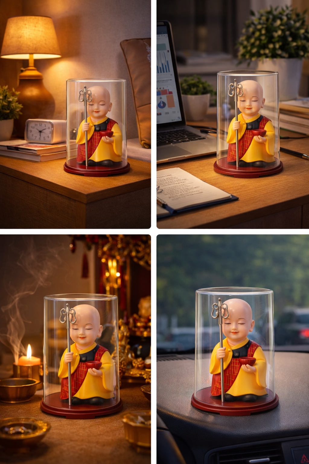 Buddhist Monk Figurine with Protective Dome | Feng Shui Monk Statue with Khakkhara Staff & Alms Bow