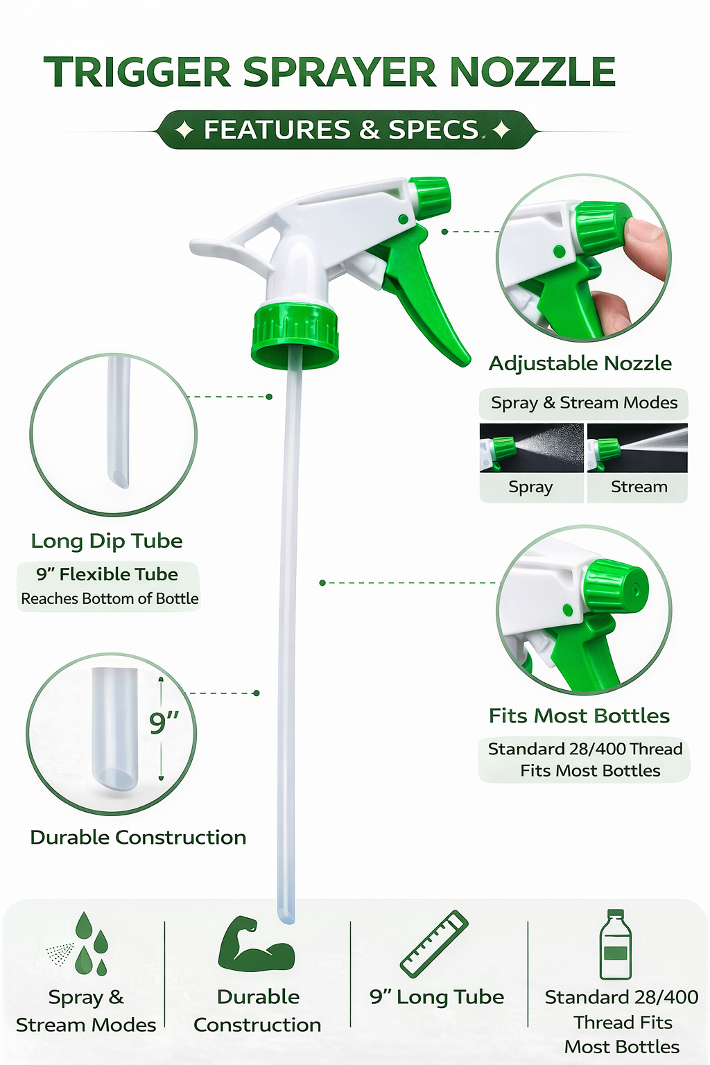 Trigger Sprayer Nozzle for Bottles | Adjustable Spray & Stream Modes | 28/400 Standard Thread