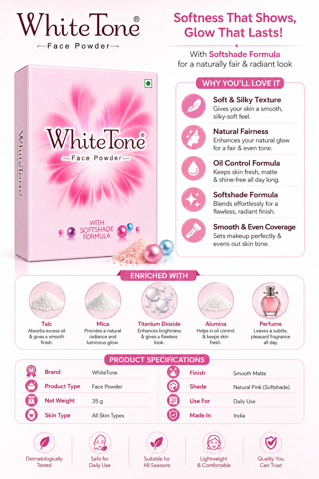 White Tone Face Powder with Softshade Formula | Oil Control Compact Powder | Smooth Matte Finish | Natural Pink Glow |