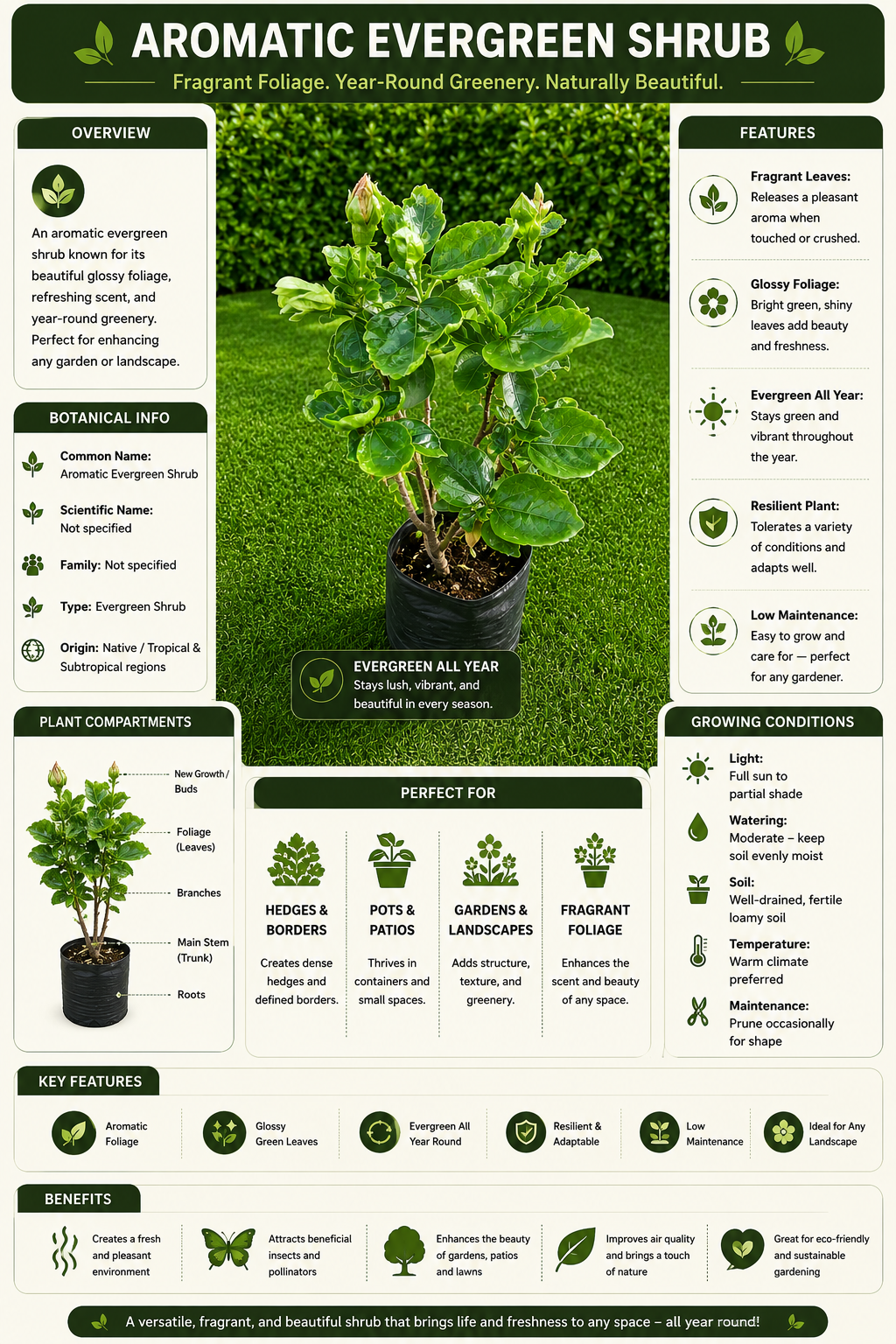 Aromatic Evergreen Shrub Live Plant | Glossy Green Fragrant Foliage Plant for Hedges, Borders, Patios & Landscaping | Low Maintenance Tropical Shrub