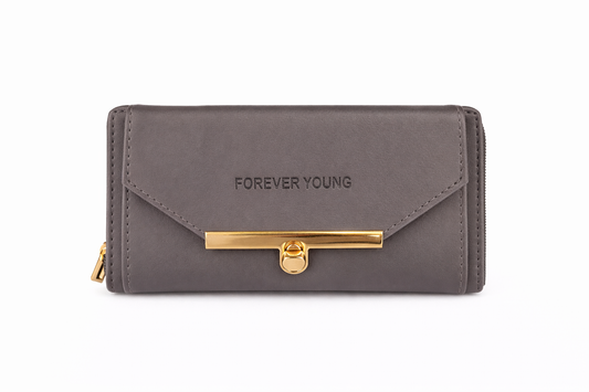 Women's Gray PU Leather Wallet with Gold Bar Clasp, Flap Closure and Zipper Pocket