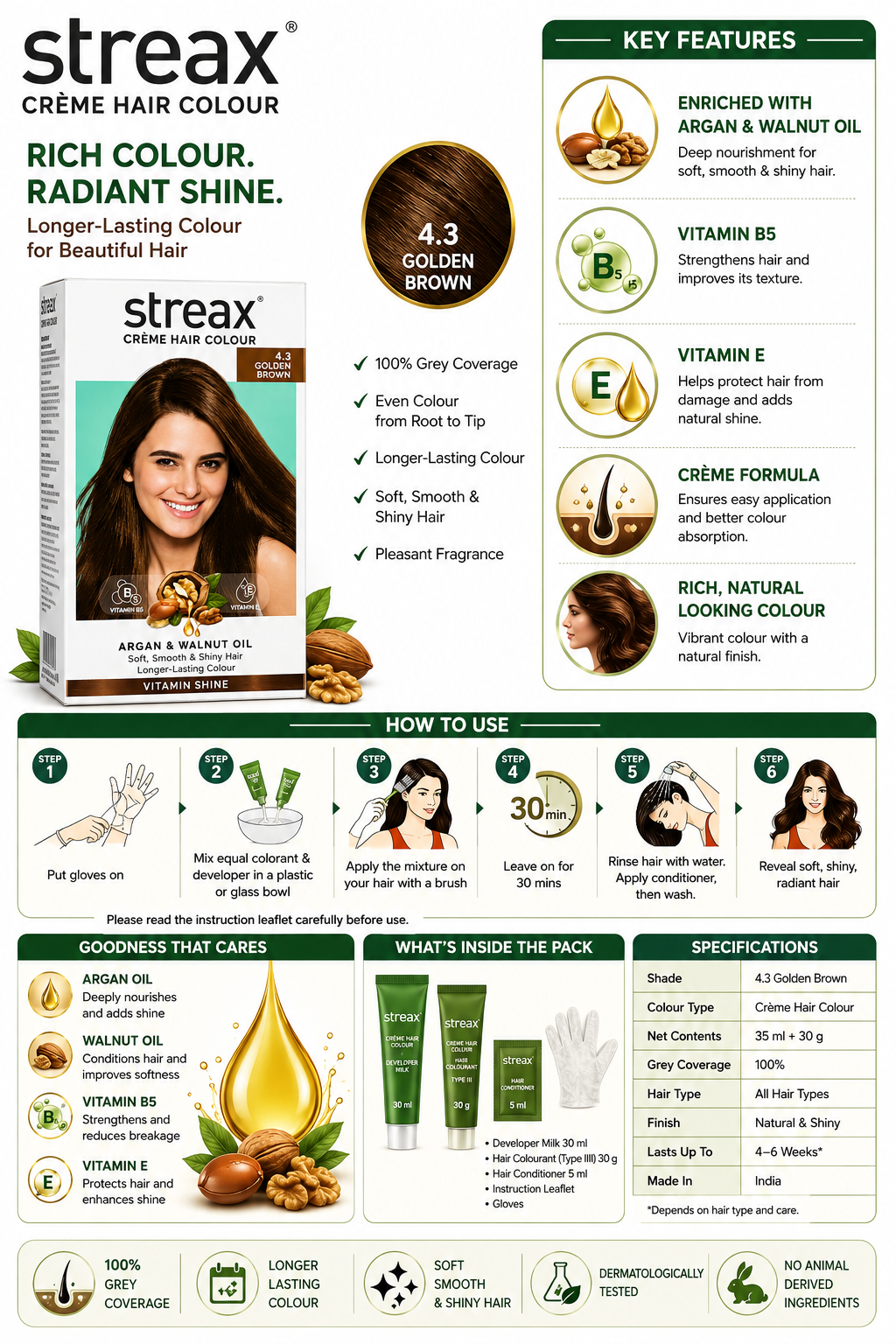 Streax Crème Hair Colour 4.3 Golden Brown | Permanent Hair Color with Argan & Walnut Oil, Vitamin B5 & E | Grey Coverage | Complete Hair Colour Kit