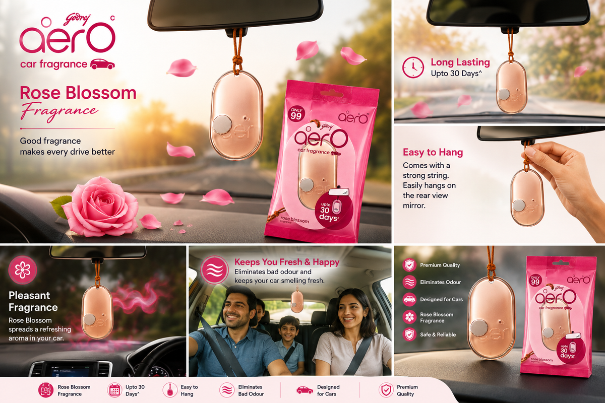 Godrej AerO Car Fragrance, Rose Blossom | Car Perfume for Fresh & Pleasant Ambience | Long Lasting Fragrance Up to 30 Days | Easy to Hang | 1 Unit