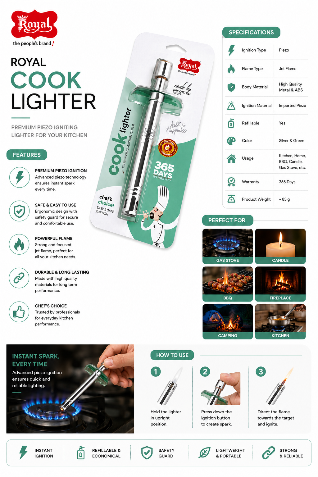 Royal Cook Gas Lighter, Piezo Kitchen Gas Lighter with Jet Flame, Refillable Stainless Steel Gas Stove Lighter with Safety Guard for Kitchen, BBQ, Candle & Camping, Silver & Green