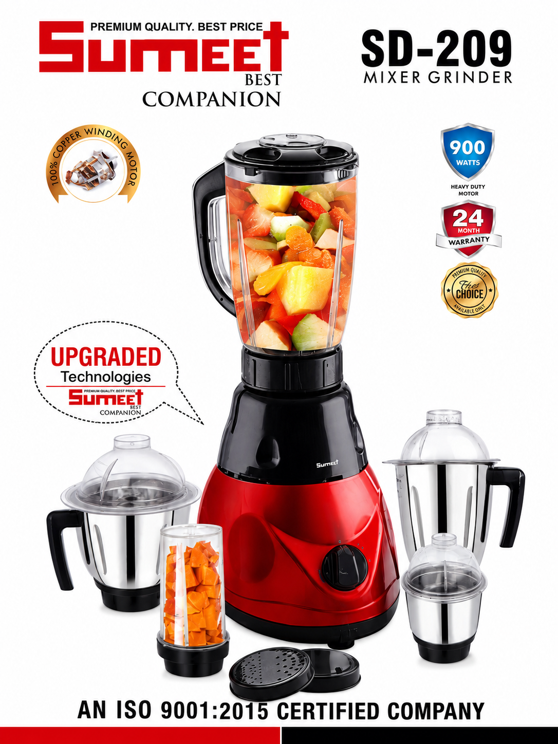 Sumeet SD-209 Mixer Grinder 900W | 4 Stainless Steel Jars (1.5L Liquidizing, 1L Grinding, 0.4L Chutney & 0.3L Multi-Purpose) | 100% Copper Motor | 3 Speed Control | Red & Black