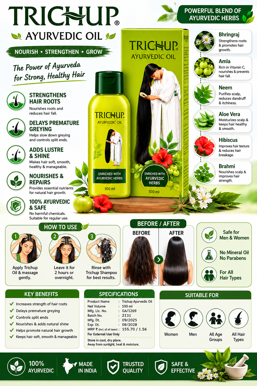 Trichup Ayurvedic Hair Oil – Herbal Hair Growth Oil with Bhringraj, Amla, Neem, Aloe Vera & Brahmi, Nourishing Hair Care Oil for Strong, Healthy & Shiny Hair, 100 ml
