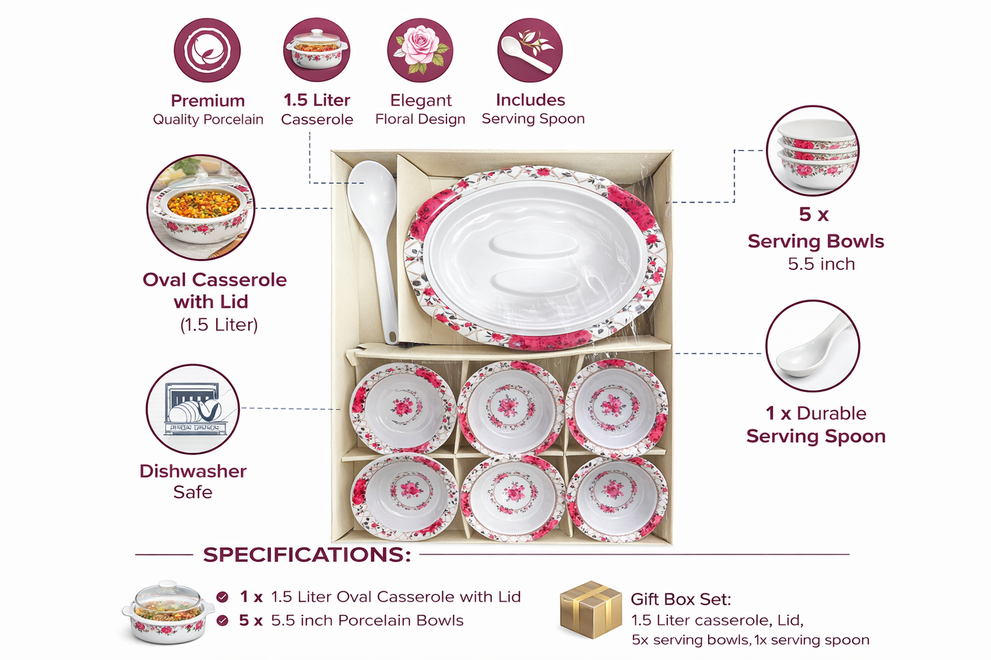 Porcelain Casserole Bowl Set with Lid & Spoon (7 Pieces) – 1.5L Oval Serving Casserole + 5 Soup Bowls (5.5 Inch) | Floral Design Dinnerware Set | Dishwasher Safe | Gift Box Pack