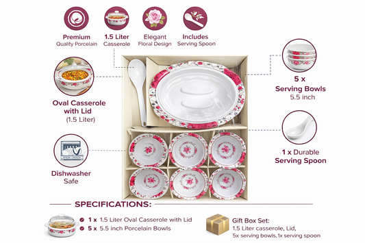 Porcelain Casserole Bowl Set with Lid & Spoon (7 Pieces) – 1.5L Oval Serving Casserole + 5 Soup Bowls (5.5 Inch) | Floral Design Dinnerware Set | Dishwasher Safe | Gift Box Pack