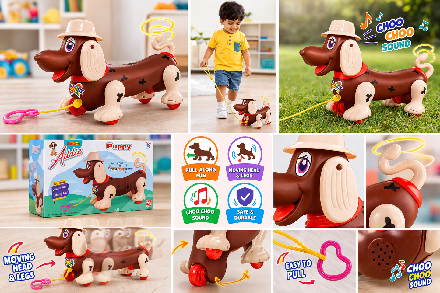 Addie Pull Along Puppy Toy for Kids (Age 1+) – Moving Head & Legs, Choo Choo Sound, Removable Hat, Safe & Durable Toddler Walking Toy