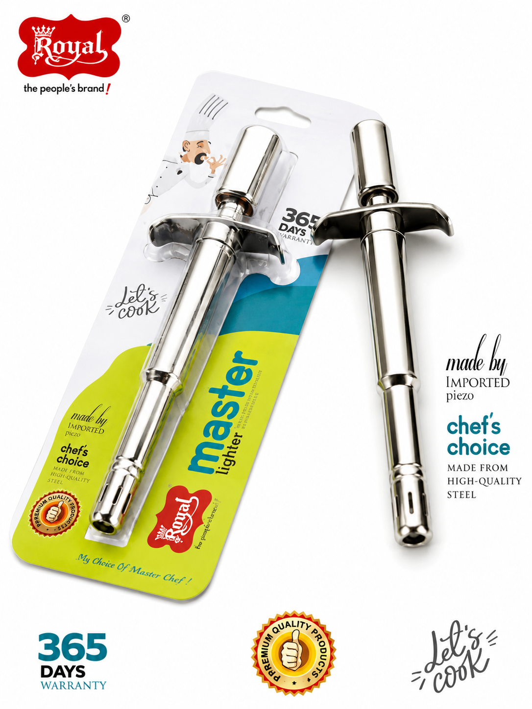 Royal Master Gas Lighter, Stainless Steel Piezo Kitchen Gas Lighter with Jet Flame, Refillable Manual Gas Stove Lighter with Safety Guard for Kitchen, BBQ, Candle & Camping, Silver