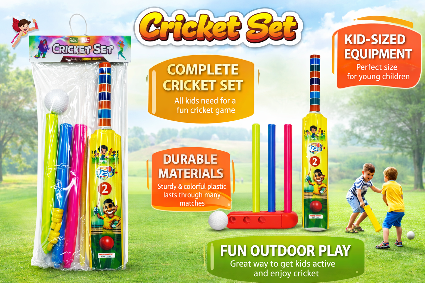 Kids Cricket Set with Bat, Ball & Stumps | Plastic Cricket Kit for Children | Lightweight & Durable Outdoor Sports Toy | Cricket Set for Boys & Girls