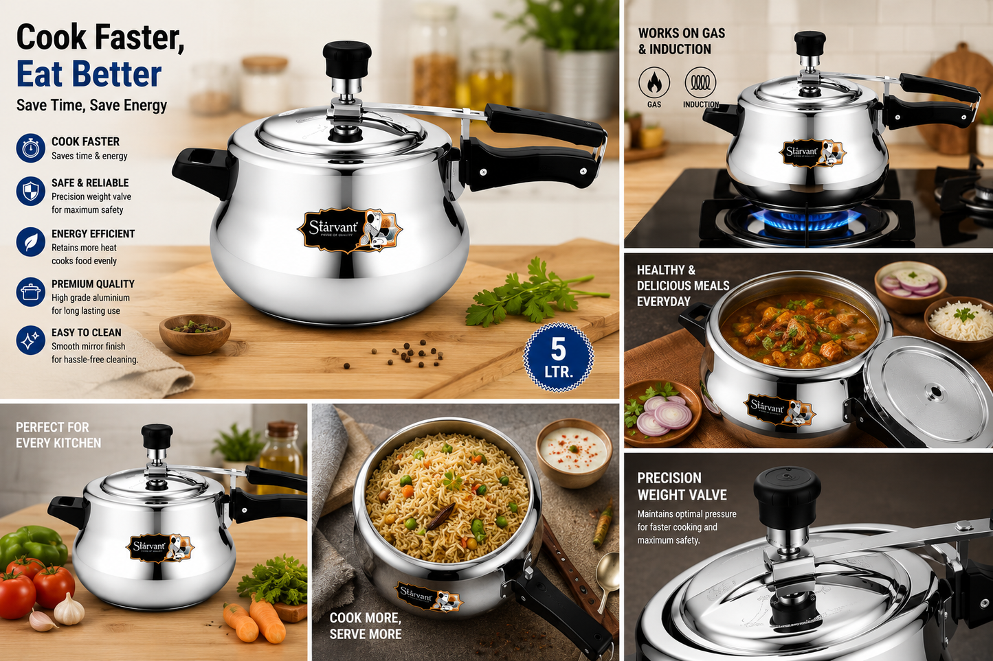 Starvant Handi Pressure Cooker 5 Litre | Aluminium Inner Lid Pressure Cooker | Induction & Gas Compatible | Mirror Finish | Precision Weight Valve | Silver