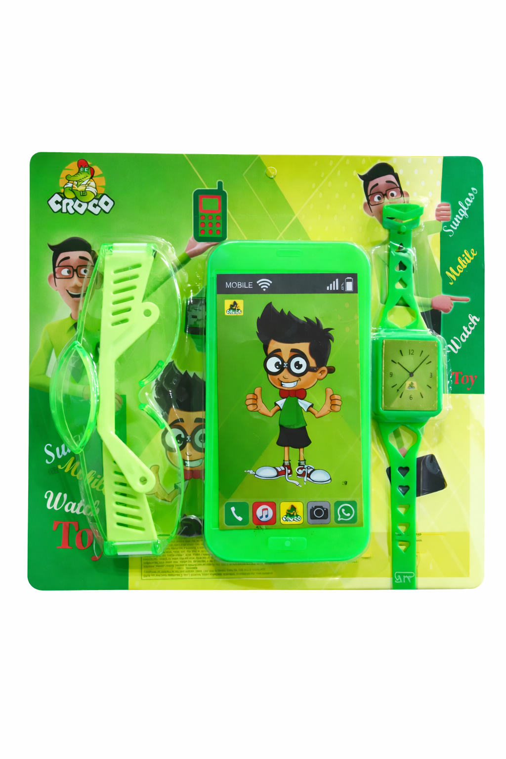 Kids Toy Smartphone Set with Watch & Sunglasses, Sound & Light Mobile Toy for Kids, Educational Role Play Toy Gift for Boys & Girls Age 3+ (Green)