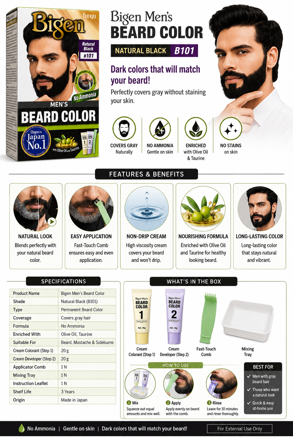 Bigen Men's Beard Color B101 Natural Black, Ammonia-Free Beard & Moustache Dye, Grey Coverage, Enriched with Olive Oil & Taurine, Non-Drip Cream, Easy Application