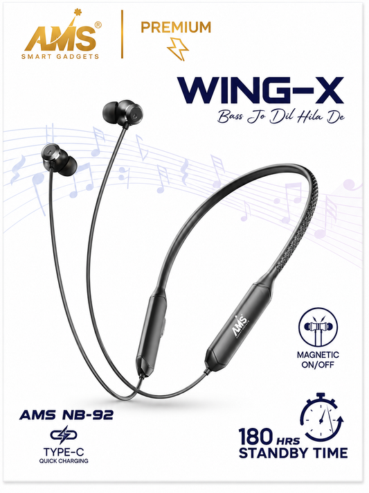AMS WING-X Wireless Bluetooth Neckband Earphones with Mic, 100 Hours Playtime, Bluetooth 5.4, IPX8 Waterproof, Magnetic Earbuds, 10mm Driver, Stereo Sound, Lightweight Neckband, Fast Charging