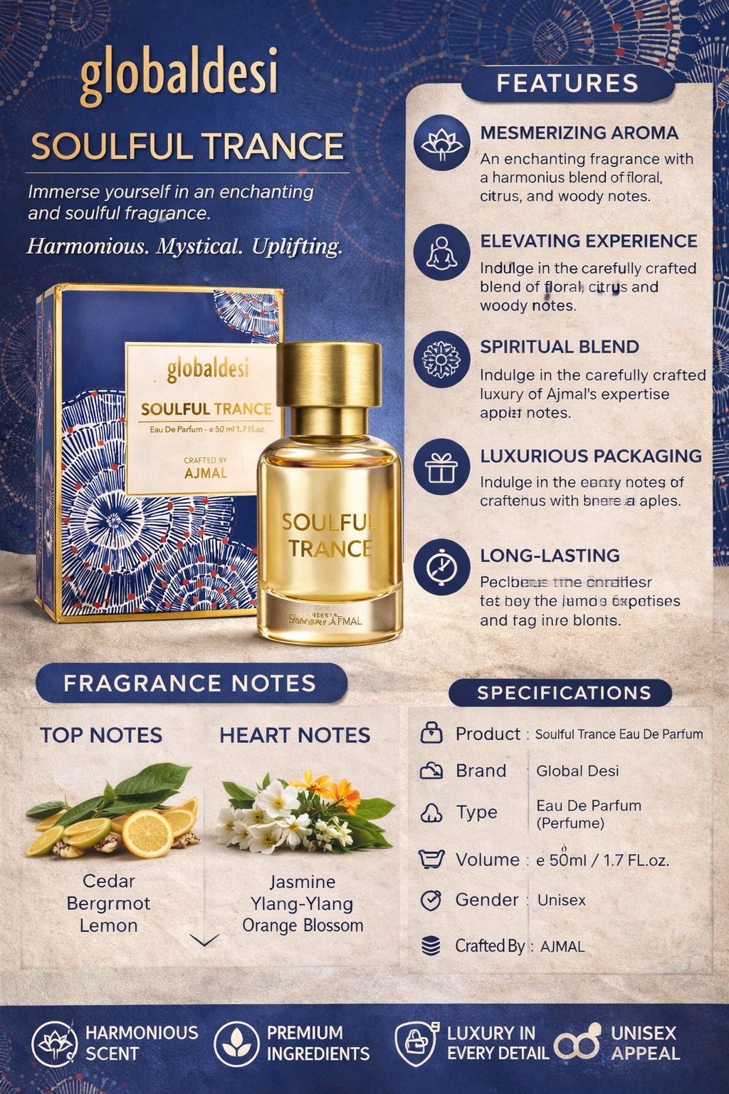 Global Desi Soulful Trance Eau De Parfum for Women, Long-Lasting Floral Citrus Woody Perfume by Ajmal, 50ml