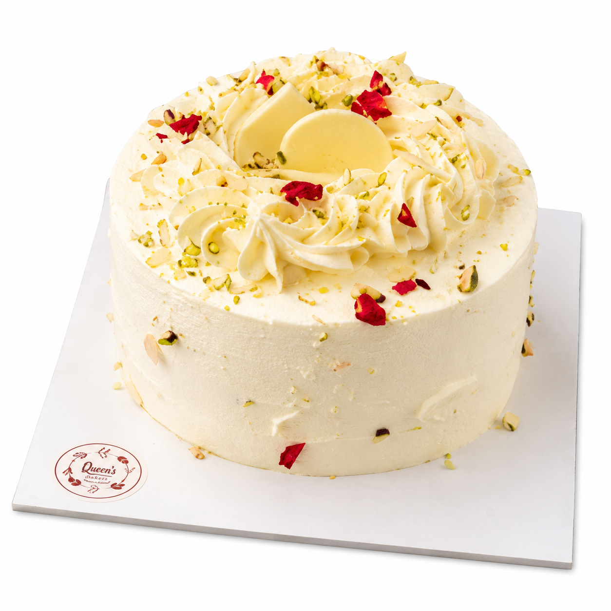 Queen's White Forest Cake (500 grams) | Premium Fresh Cream Cake with White Chocolate, Pistachio & Rose Petals | Birthday, Anniversary & Celebration Cake