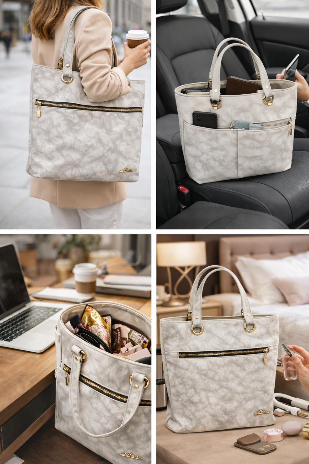 Marbled Gray Tote Bag for Women, Faux Suede Shoulder Handbag with Front Zip Pocket, Inner Zip Pocket, Gold Tone Hardware for Office, Shopping and Travel