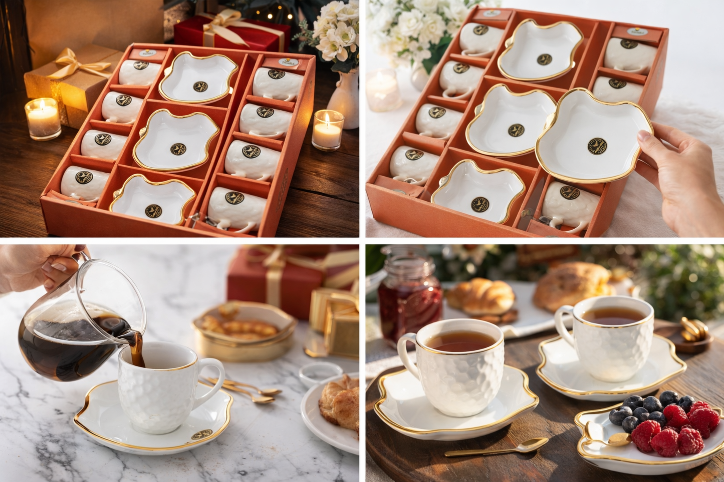 Premium Porcelain Coffee Mug Set with Gold Trim (7 Pieces) – 6 Textured Cups + 3 Designer Saucers | 195 ml Tea Cup Set | Elegant Dinnerware Gift Set | Dishwasher Safe
