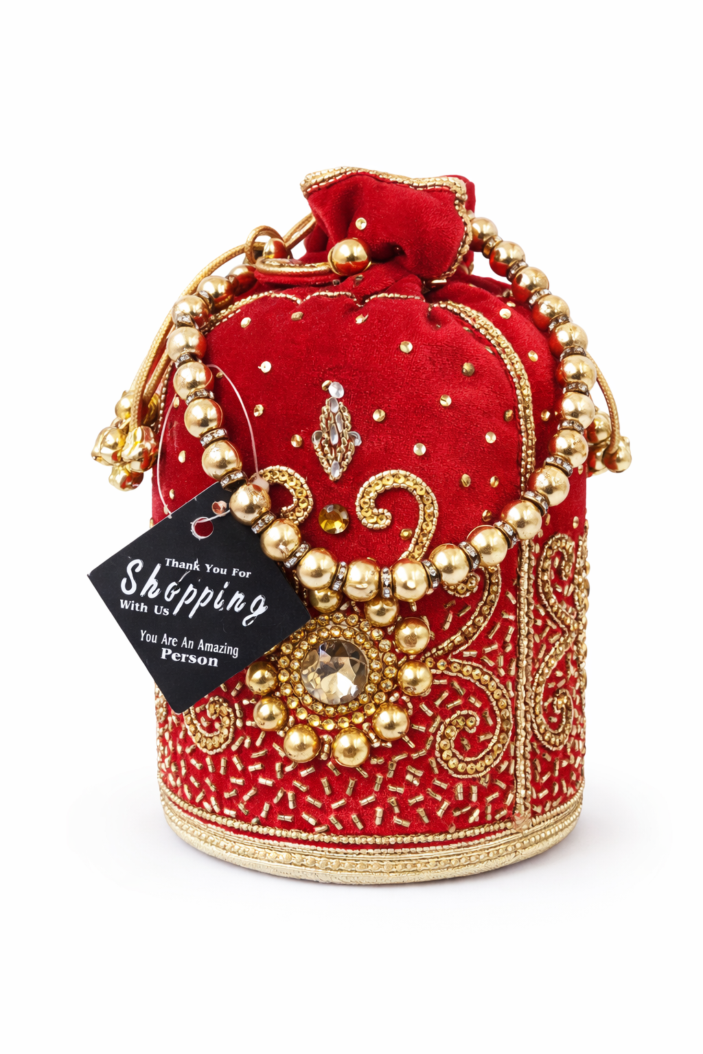 Red Velvet Potli Bag for Women, Embroidered Drawstring Clutch Purse with Pearl and Gold Bead Handle,