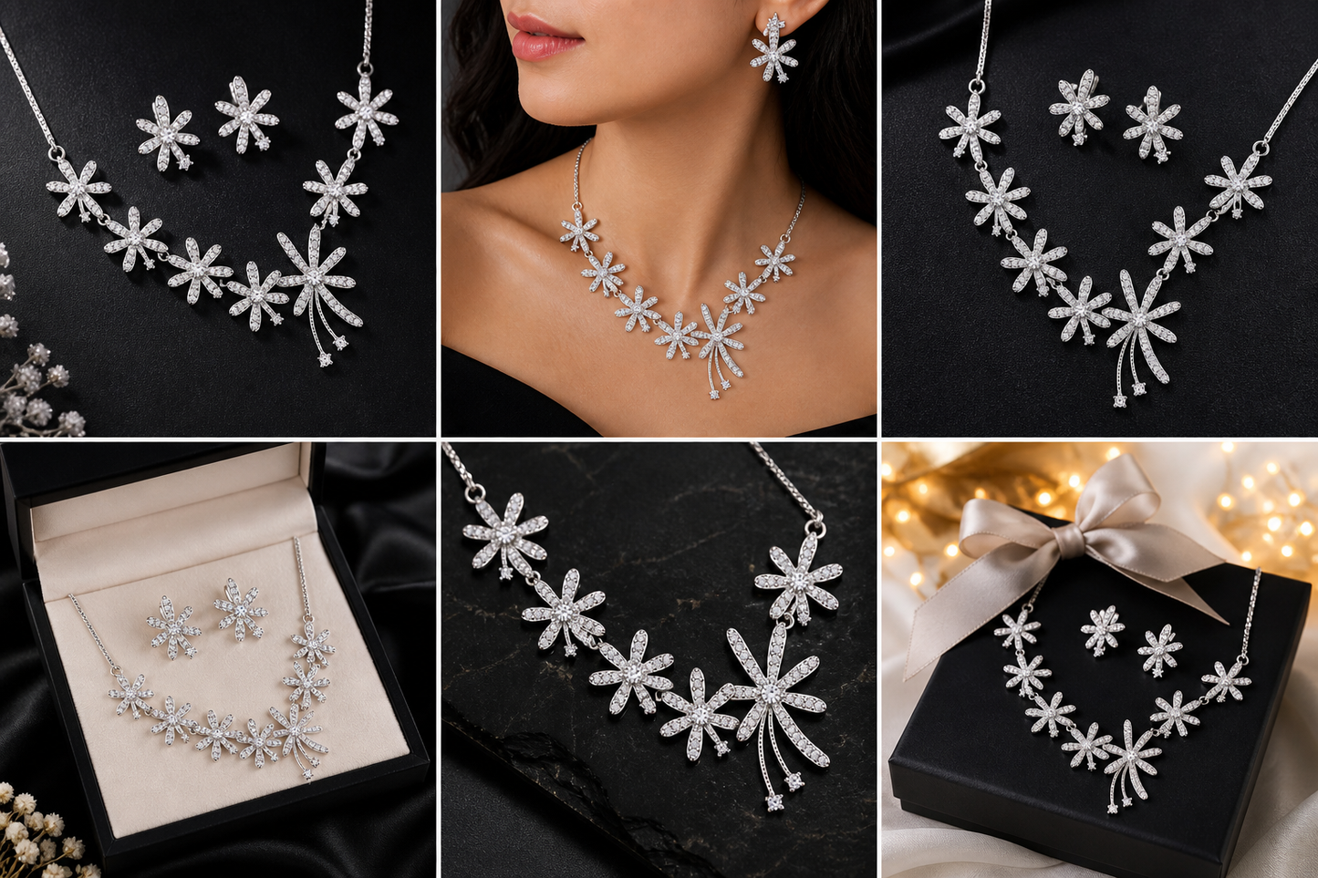 Floral Sparkle Necklace and Earring Set for Women – Cubic Zirconia Flower Bridal Jewelry Set, Rhodium Plated Non-Tarnish & Hypoallergenic, Perfect Wedding, Anniversary & Birthday Gift